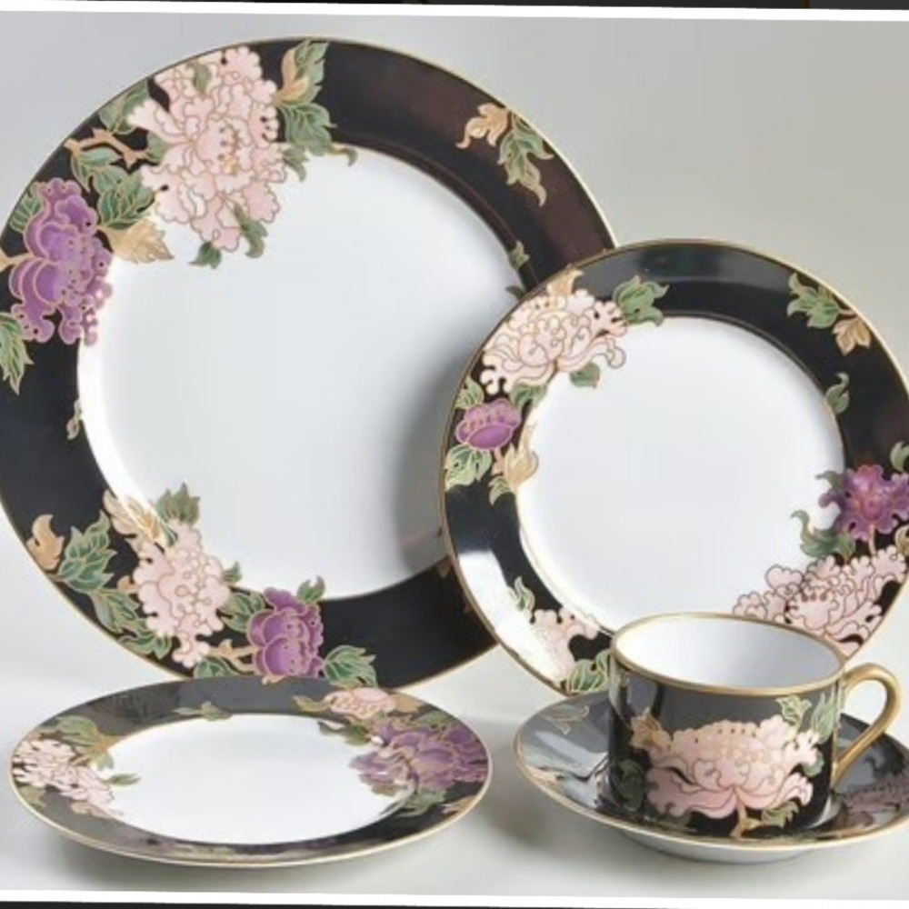Fitz & Floyd Fine Porcelain 'Cloisonne Peony' Black (1984-1996) 5-Piece Set